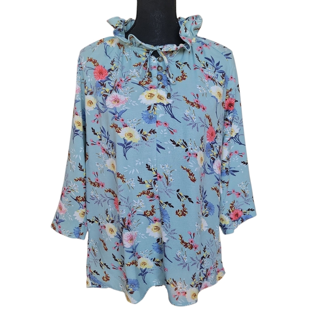 Simply Noelle Blue Floral Spring Long Sleeve Ruffle Blouse Women's Size S/M